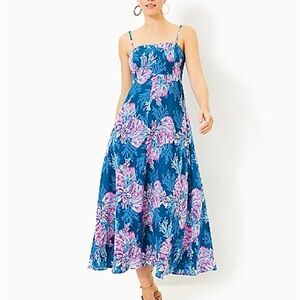 Lilly Pulitzer jorgian Blue Floral Midi Sundress with Pink Accents